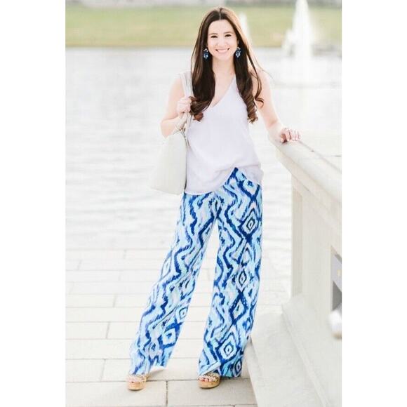 Lilly Pulitzer Lolani Silk Palazzo Pant Blue Swish Skipped a Beach Size 0 - Picture 1 of 4